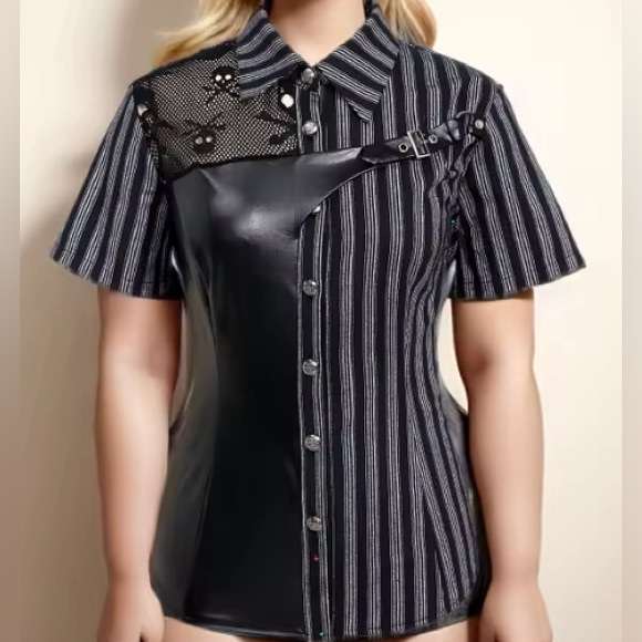 Biker Gothic Black Grey Striped Collared Button up Shirt w/ Belt Design 1X 16-18 - Picture 7 of 7